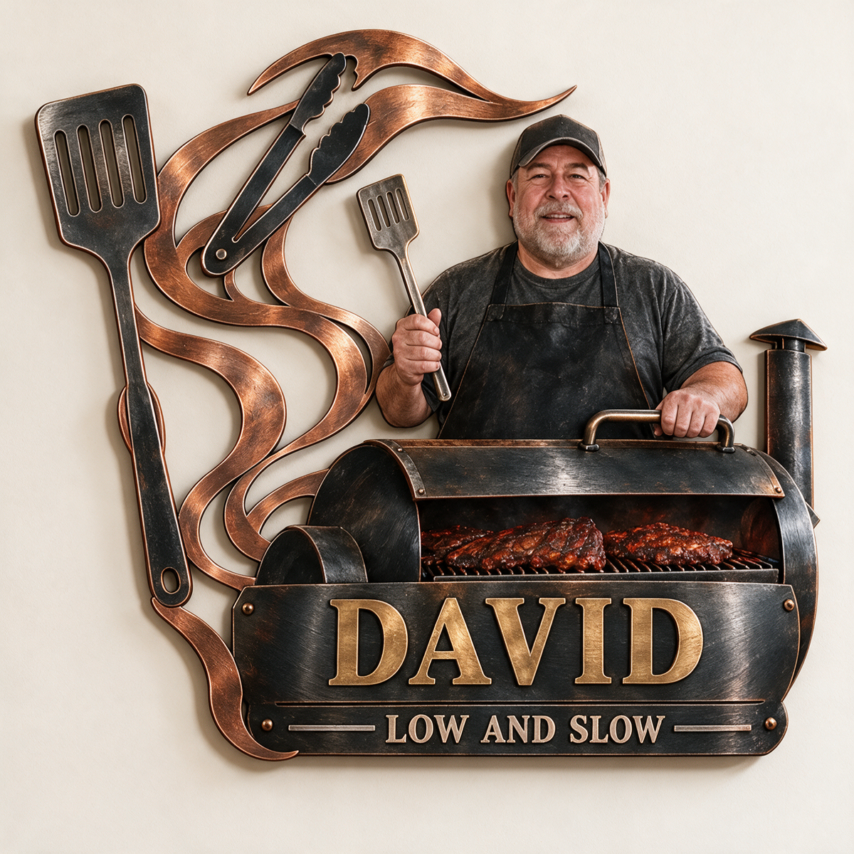 Personalisierte BBQ Metall Wandkunst - Individuelles Porträt und Name, Grill Wanddekoration