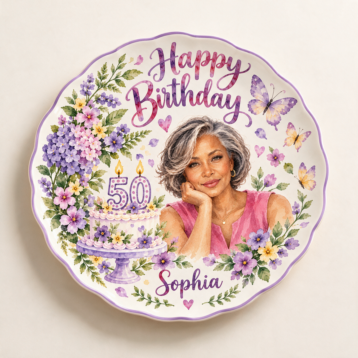 Personalized Birthday Ceramic Round Plate - Scalloped Purple Floral Portrait, Custom Name and Age