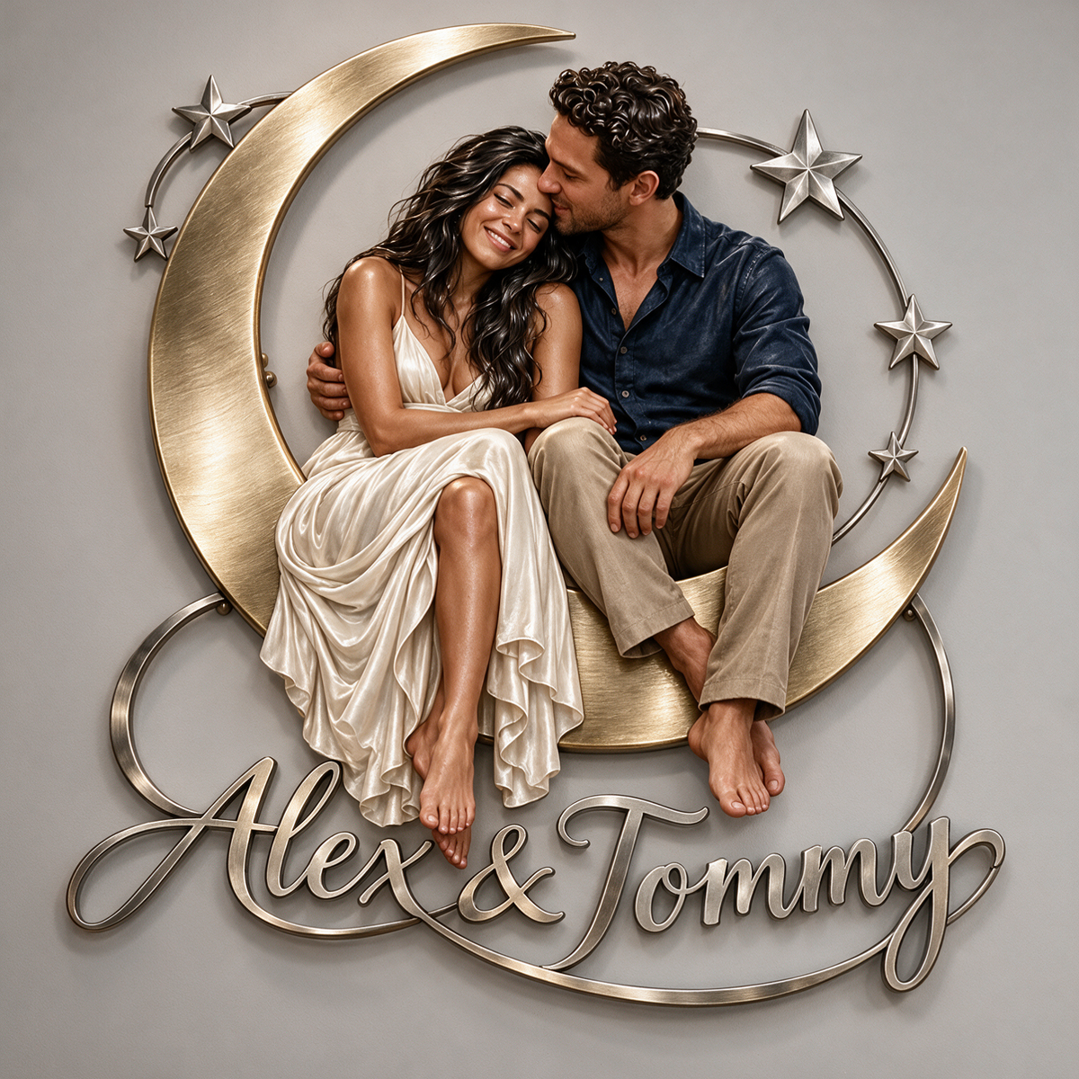 Art mural en métal 3D personnalisé photo lune et étoiles - Cadeau déco chambre pour jeunes couples