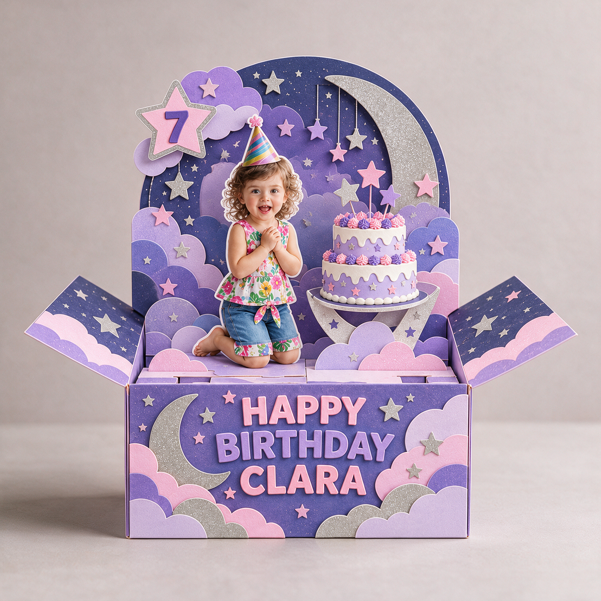 Carte Pop-Up Personnalisée Lune et Étoiles - Gâteau d'Anniversaire avec Photo, Nom et Âge Personnalisés