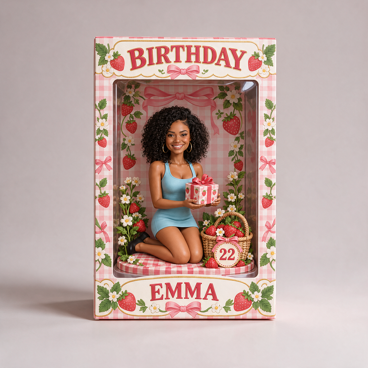 Boîte à fenêtre d'anniversaire personnalisée - Figurine portrait fraise, nom et âge
