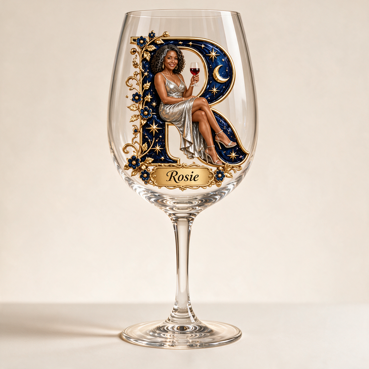 Personalized Custom Photo Celestial Wine Glass - Gift for Older Women