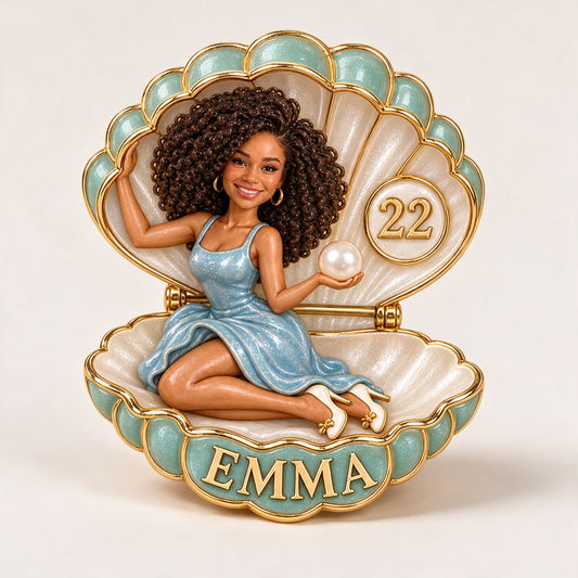 Broche de Shell d'Anniversaire Personnalisée - Perle, Portrait, Nom et Âge