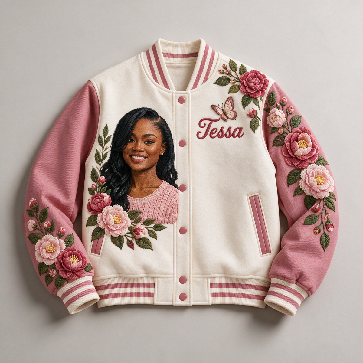 Personalized Camellia Varsity Jacket - Women's Embroidered Portrait and Name Design