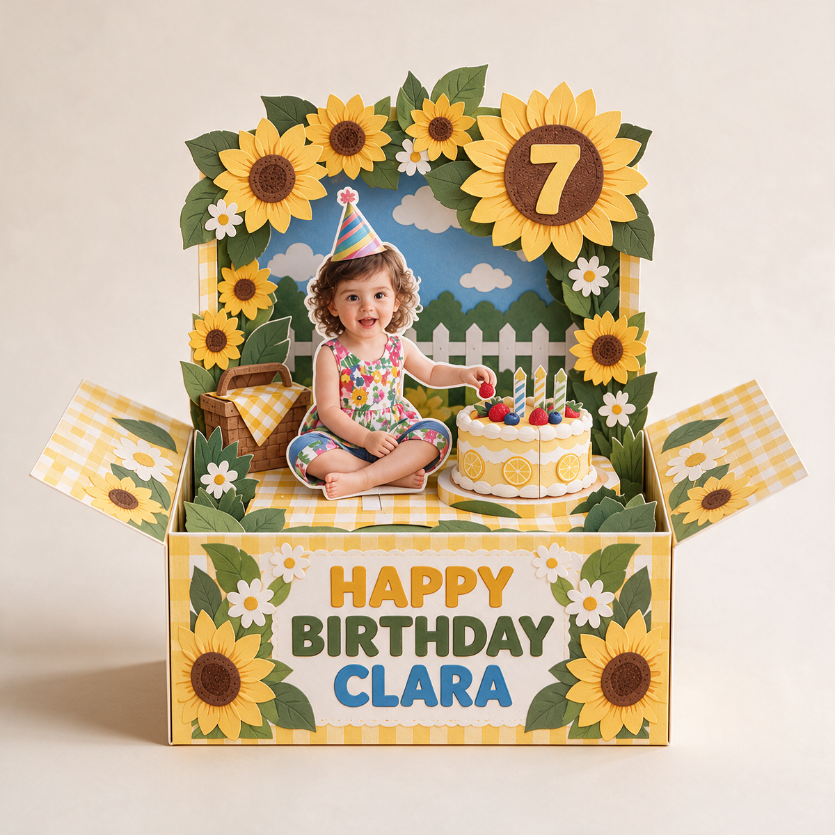 Carte Pop-Up Personnalisée Tournesol - Gâteau d'Anniversaire avec Photo, Nom et Âge