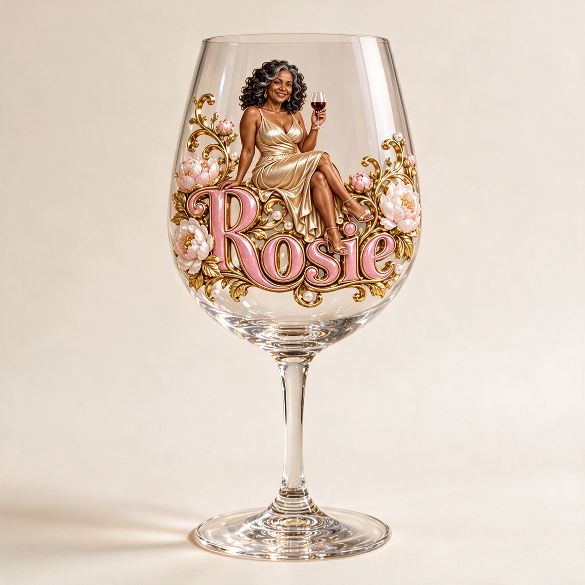 Personalized Custom Photo Peony Wine Glass - Gift for Older Women