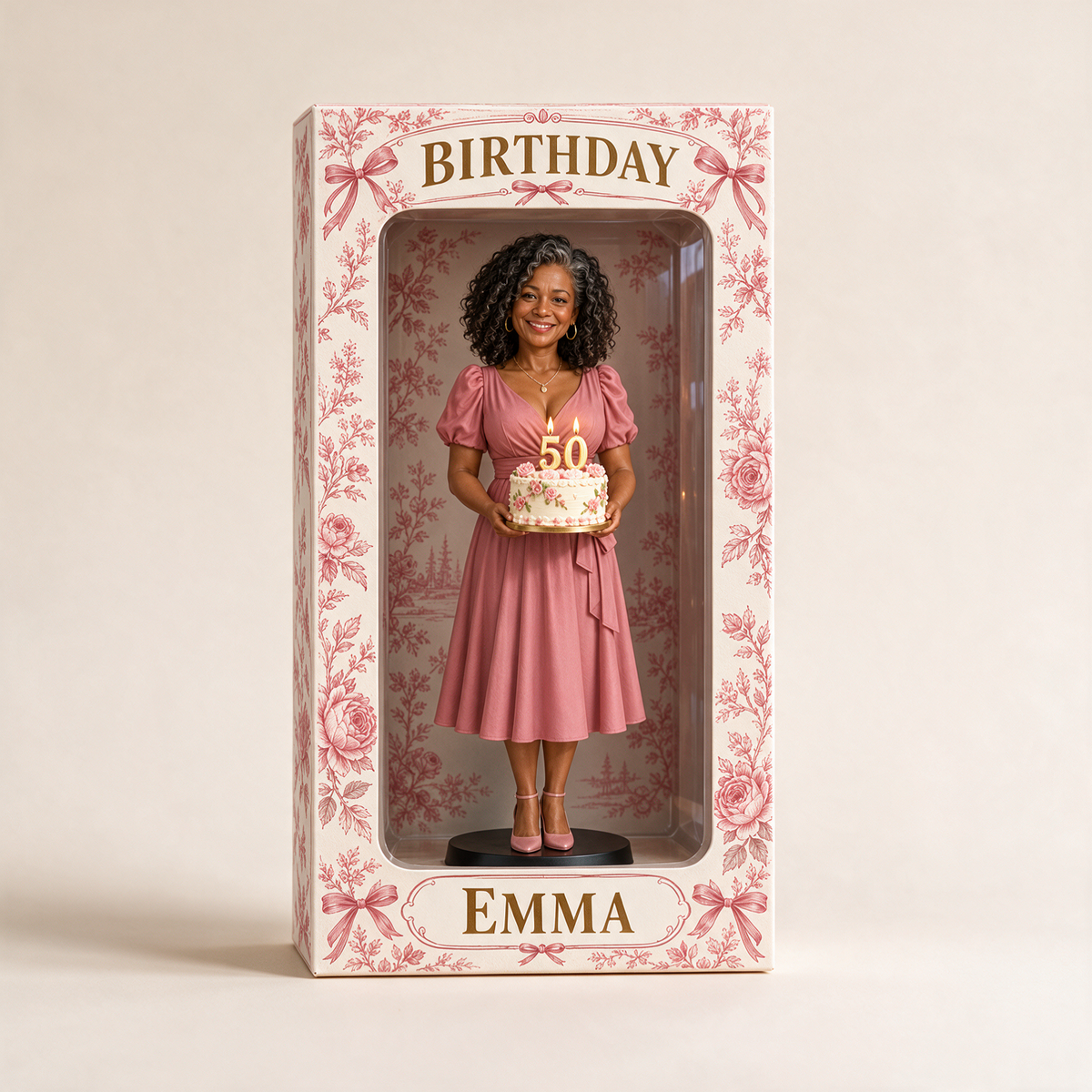 Personalisierte Fotofigurinen-Displaybox in Pink - 50. Geburtstagsgeschenk für Frauen