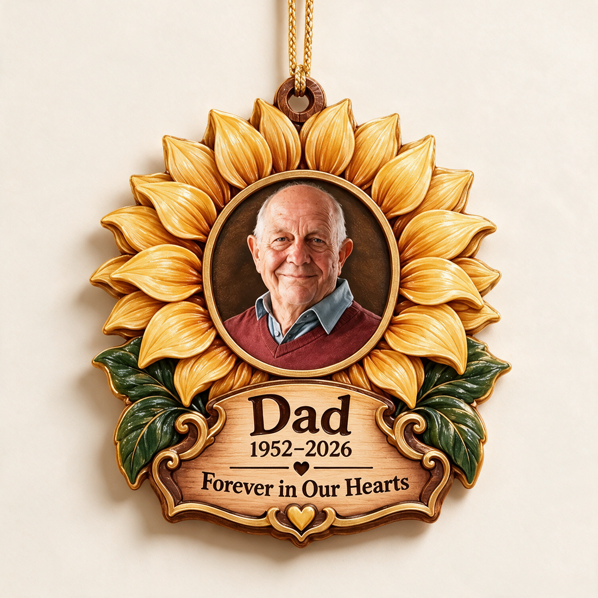 Personalized Custom Photo Dad Memorial Sunflower Layered Wood Ornament - Christmas Remembrance Keepsake
