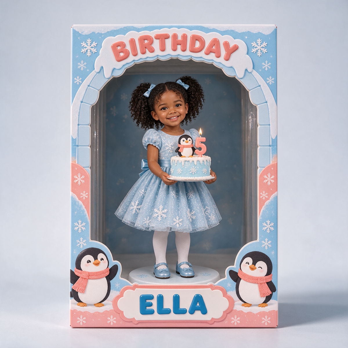 Personalisierte Acryl-Displaybox mit Foto-Pinguin - 5. Geburtstag Geschenk für Mädchen