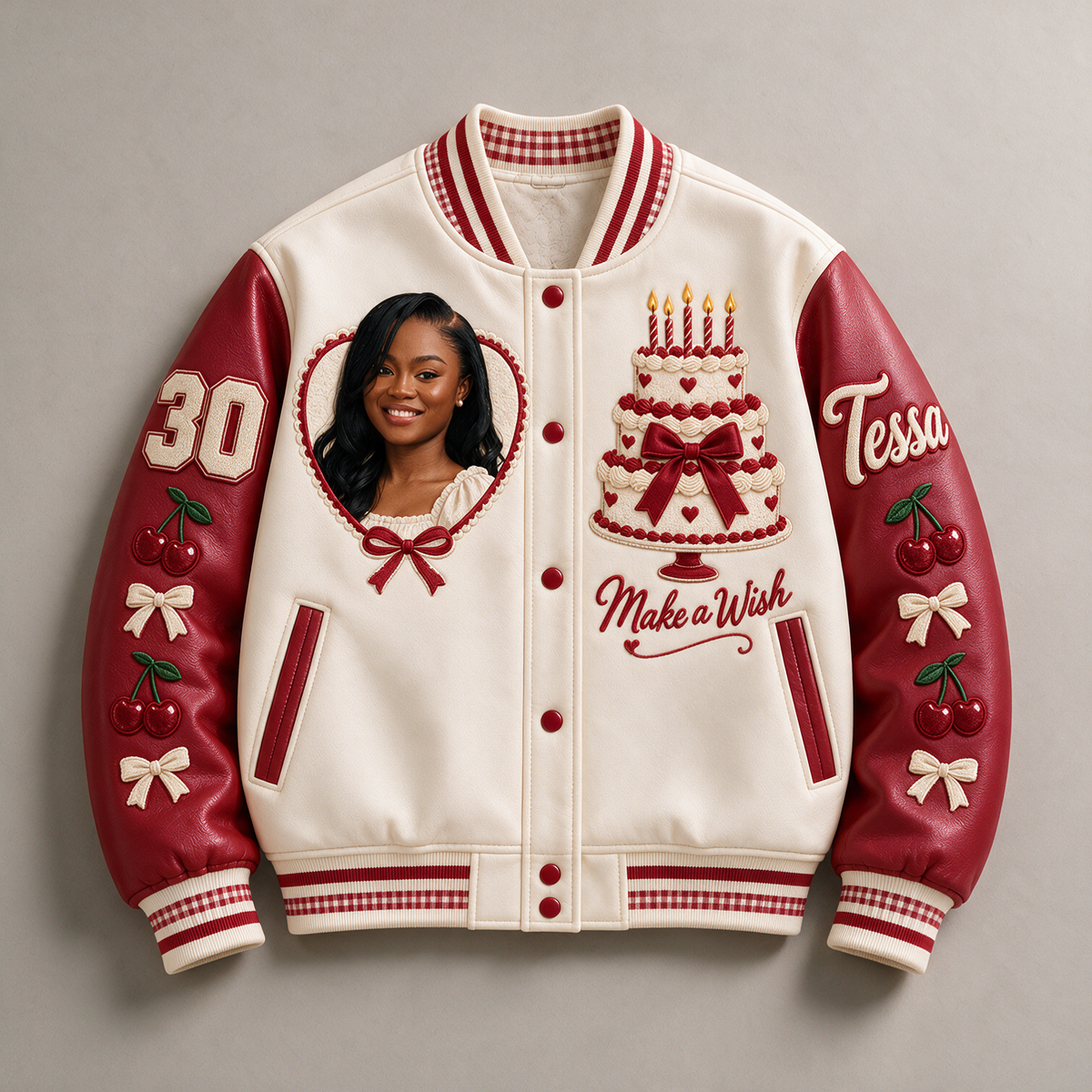 Personalized 30th Birthday Varsity Jacket - Cake, Cherries & Photo Portrait