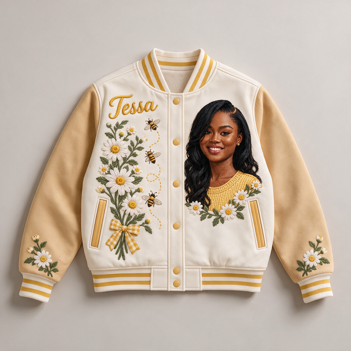 Personalized Daisy Bee Varsity Jacket - Women's Embroidered Portrait and Name