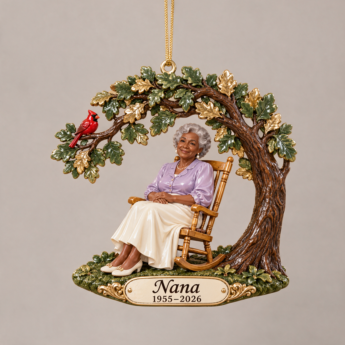 Personalized Custom Photo Oak Tree Rocking Chair Memorial 3D Christmas Ornament - Grandmother Remembrance Keepsake