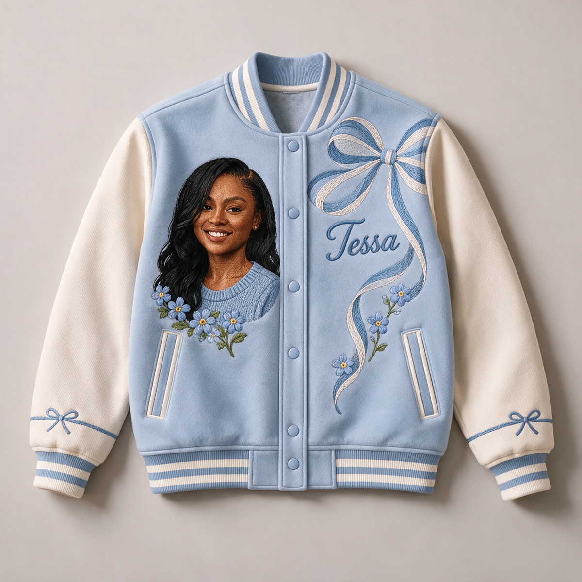 Personalized Blue Bow Varsity Jacket - Women's Birthday Gift with Portrait and Name
