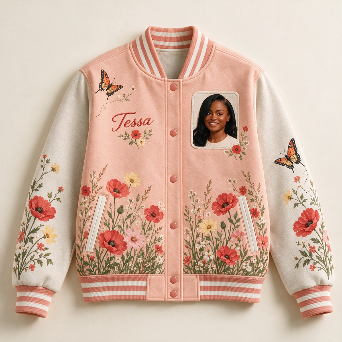 Personalisierte Poppy Meadow Varsity Jacke - Damen Foto und Name Botanisches Design
