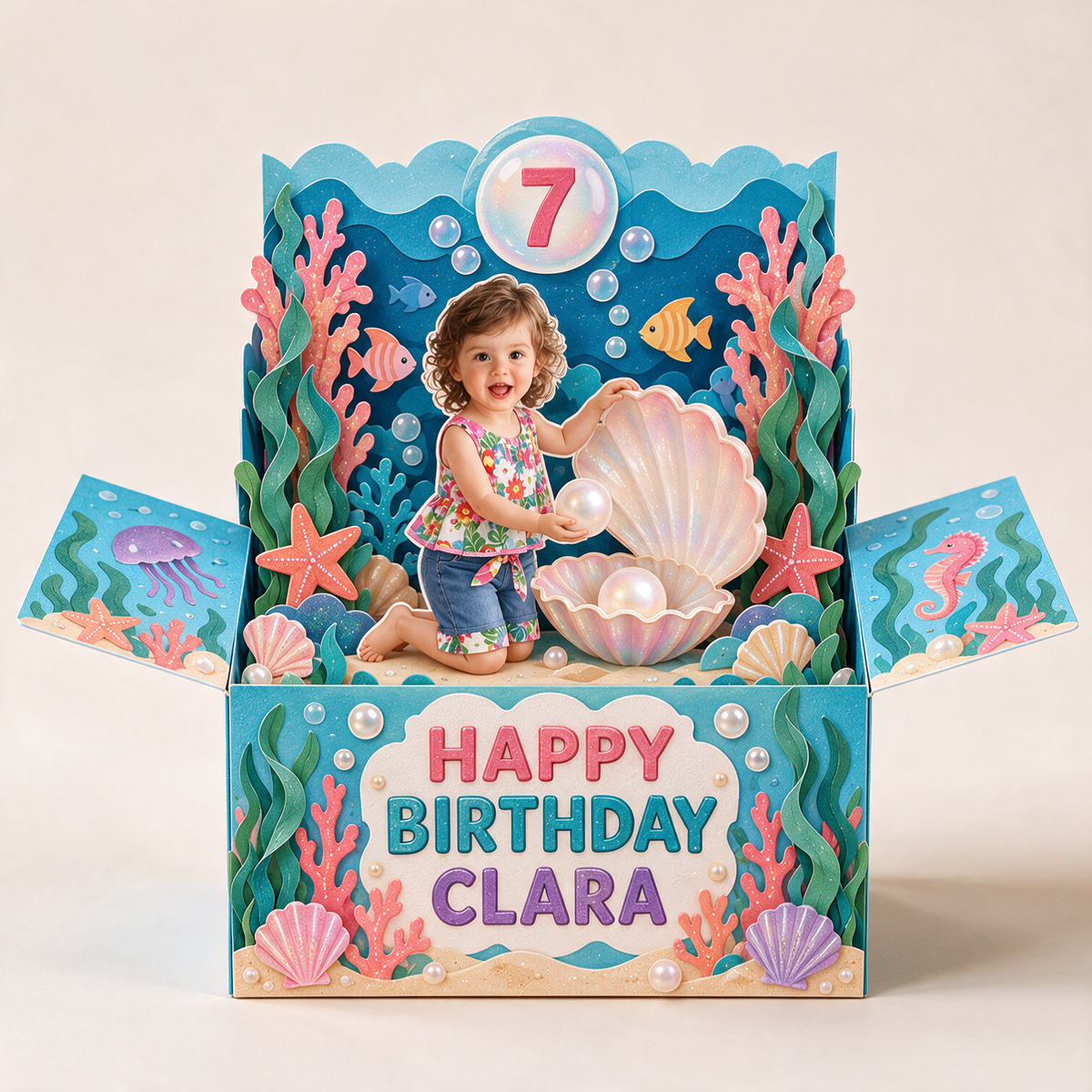 Carte Pop-Up Personnalisée Sous-Marine - Cadeau d'Anniversaire Coquillage et Perle avec Photo, Nom et Âge Personnalisés