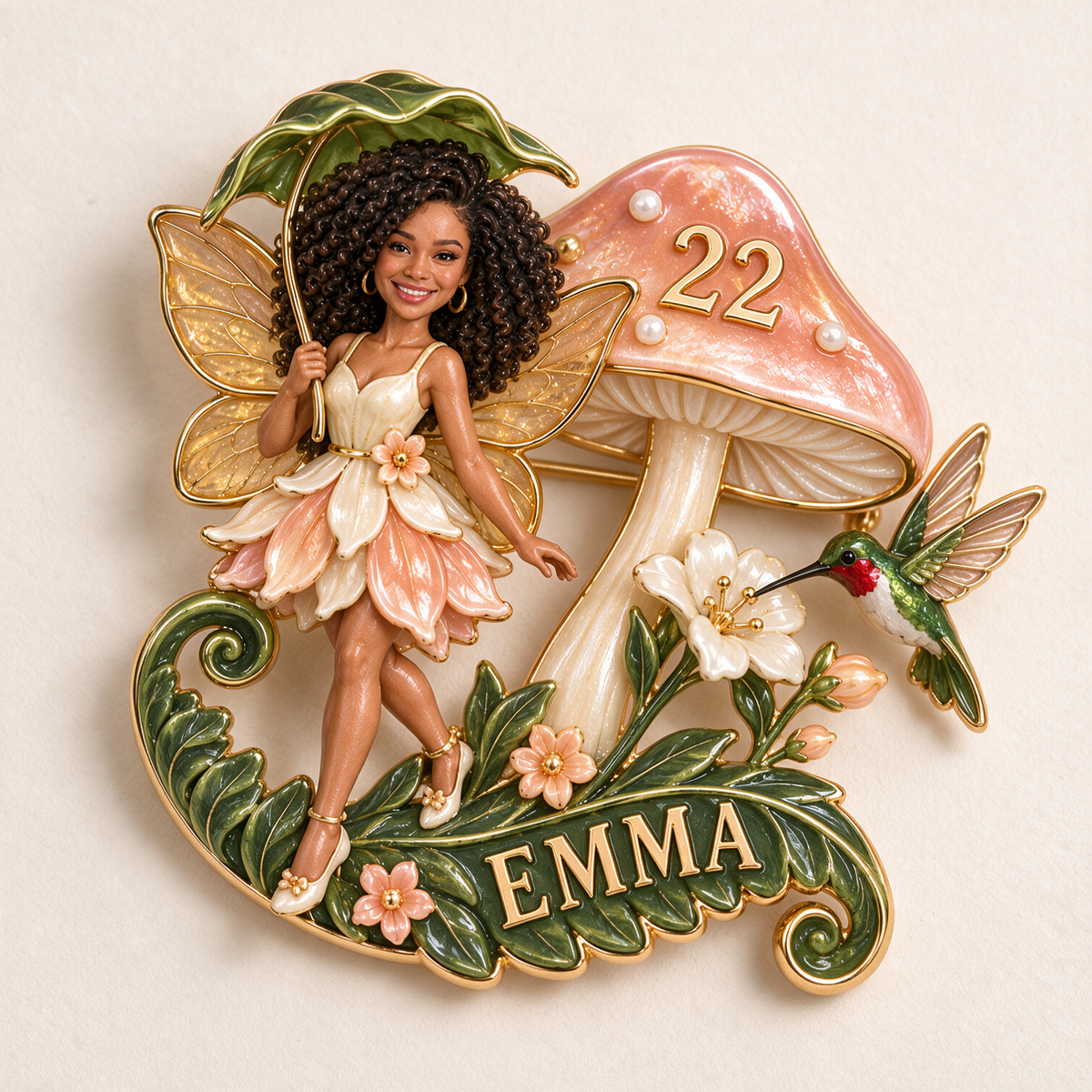 Personalized Fairy Garden Brooch - Birthday Gift with Custom Photo, Name and Age, Mushroom and Hummingbird