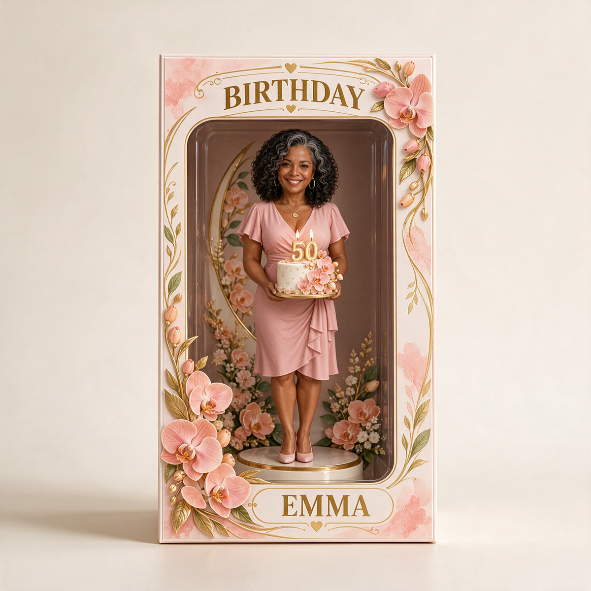 Figurine Personnalisée en Photo Pêche Orchidée dans Boîte Acrylique - Cadeau d'Anniversaire pour Femmes