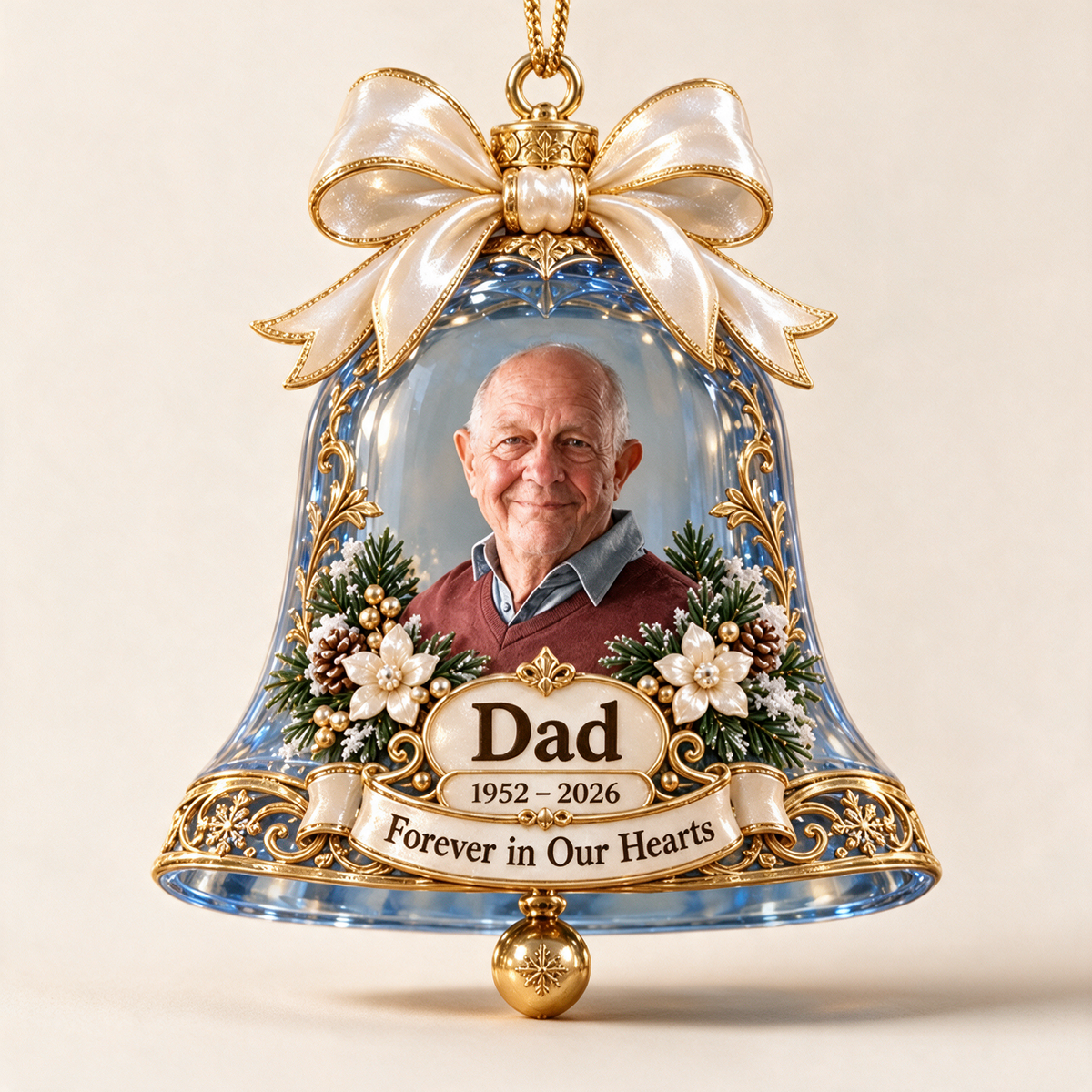 Personalized Custom Photo Dad Memorial Bell 3D Ornament - Christmas Remembrance Keepsake