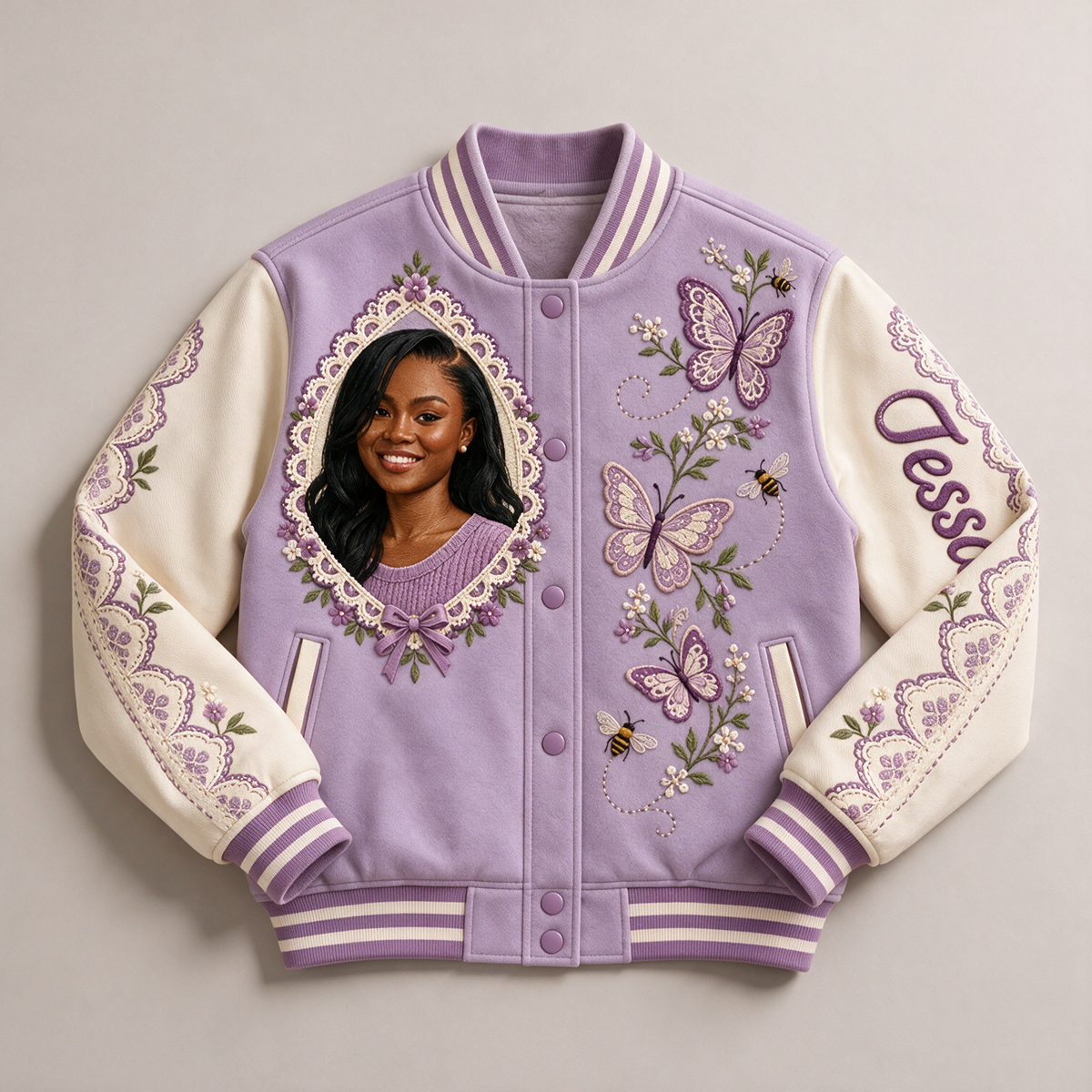 Personalized Butterfly Lace Varsity Jacket - Women's Portrait and Name