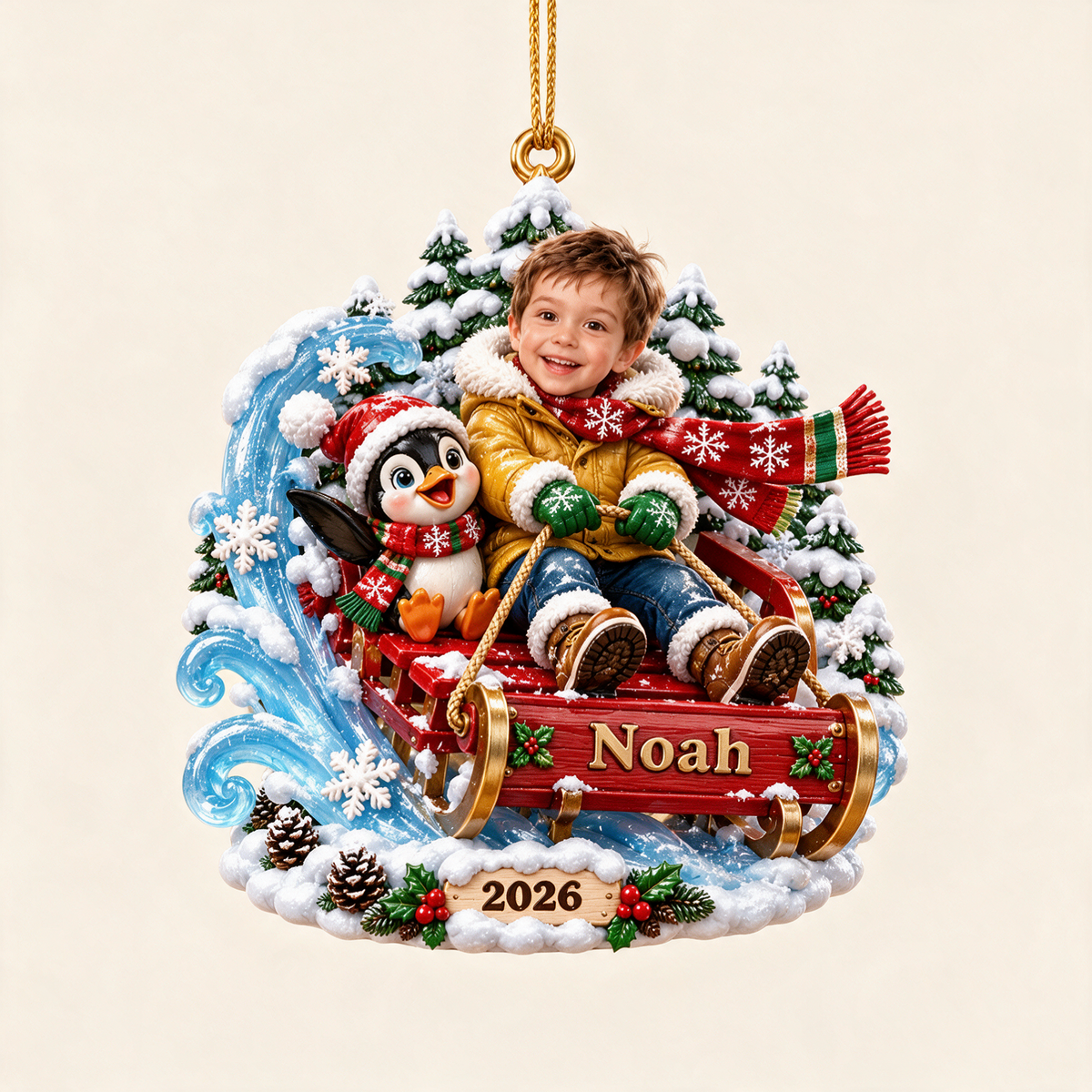 Personalized Custom Photo Sledding 3D Ornament - 2026 Christmas Gift for Boys