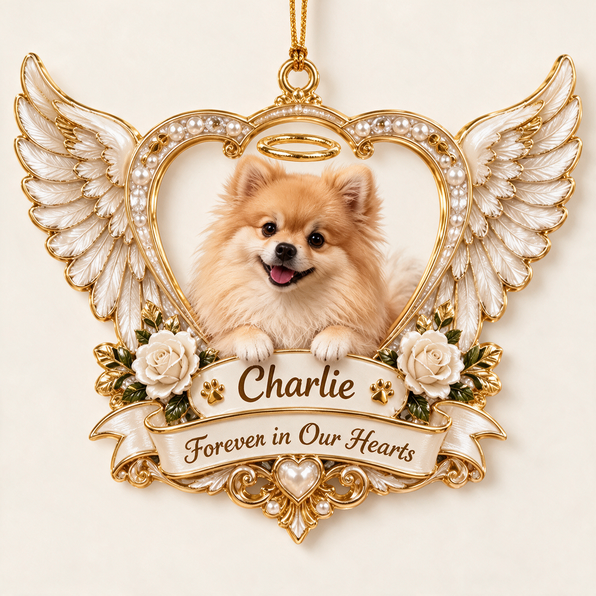 Personalized Custom Photo Pomeranian Memorial 3D Angel Wings Heart Ornament - Christmas Dog Lover Gift