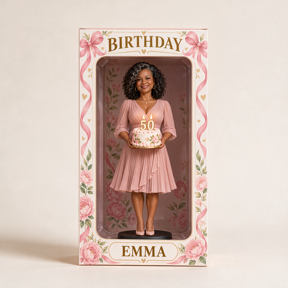Personalized Custom Photo Pink Ribbon Figurine Display Box - 50th Birthday Gift for Women