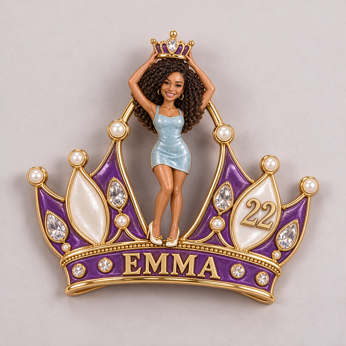Personalized Birthday Crown Brooch - Sculpted Portrait, Name and Age