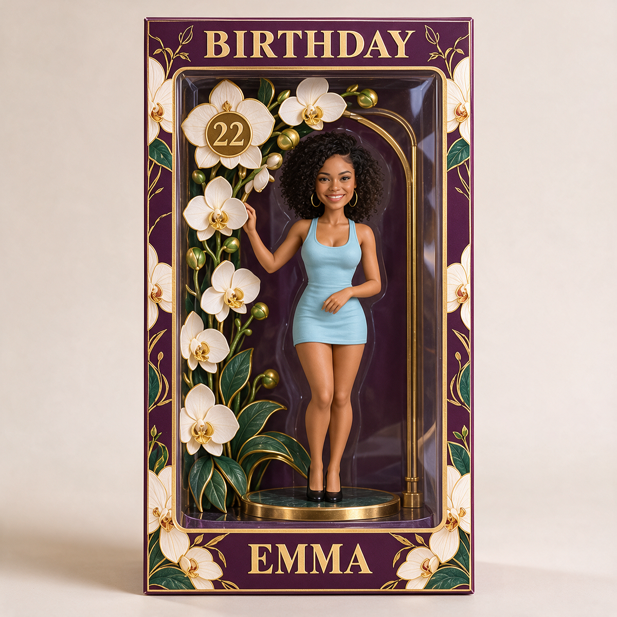 Boîte d'Affichage d'Orchidée Personnalisée pour Anniversaire - Figurine Portrait Photo avec Nom et Âge