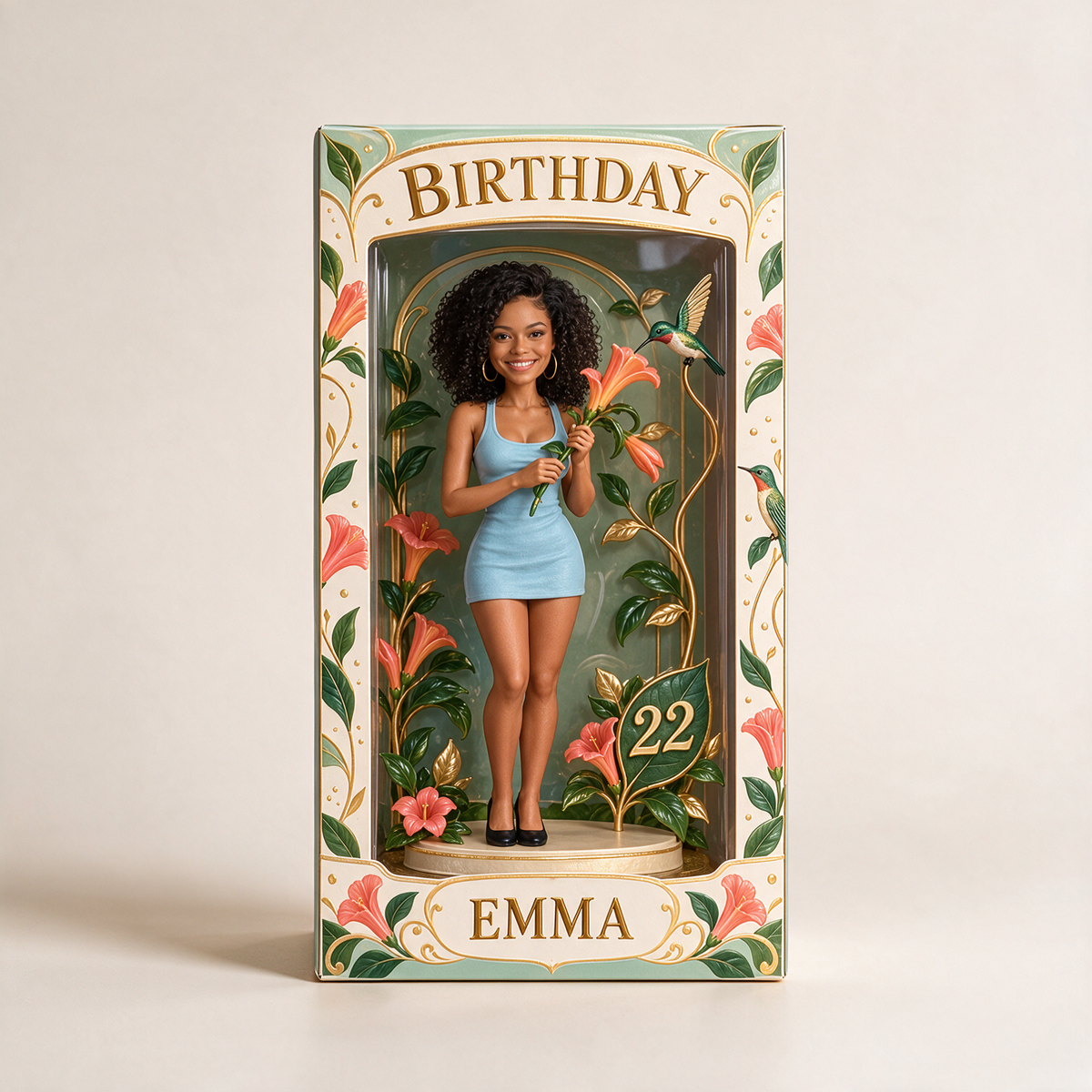 Boîte d'Affichage d'Anniversaire Personnalisée - Figurine Portrait avec Colibri, Nom et Âge