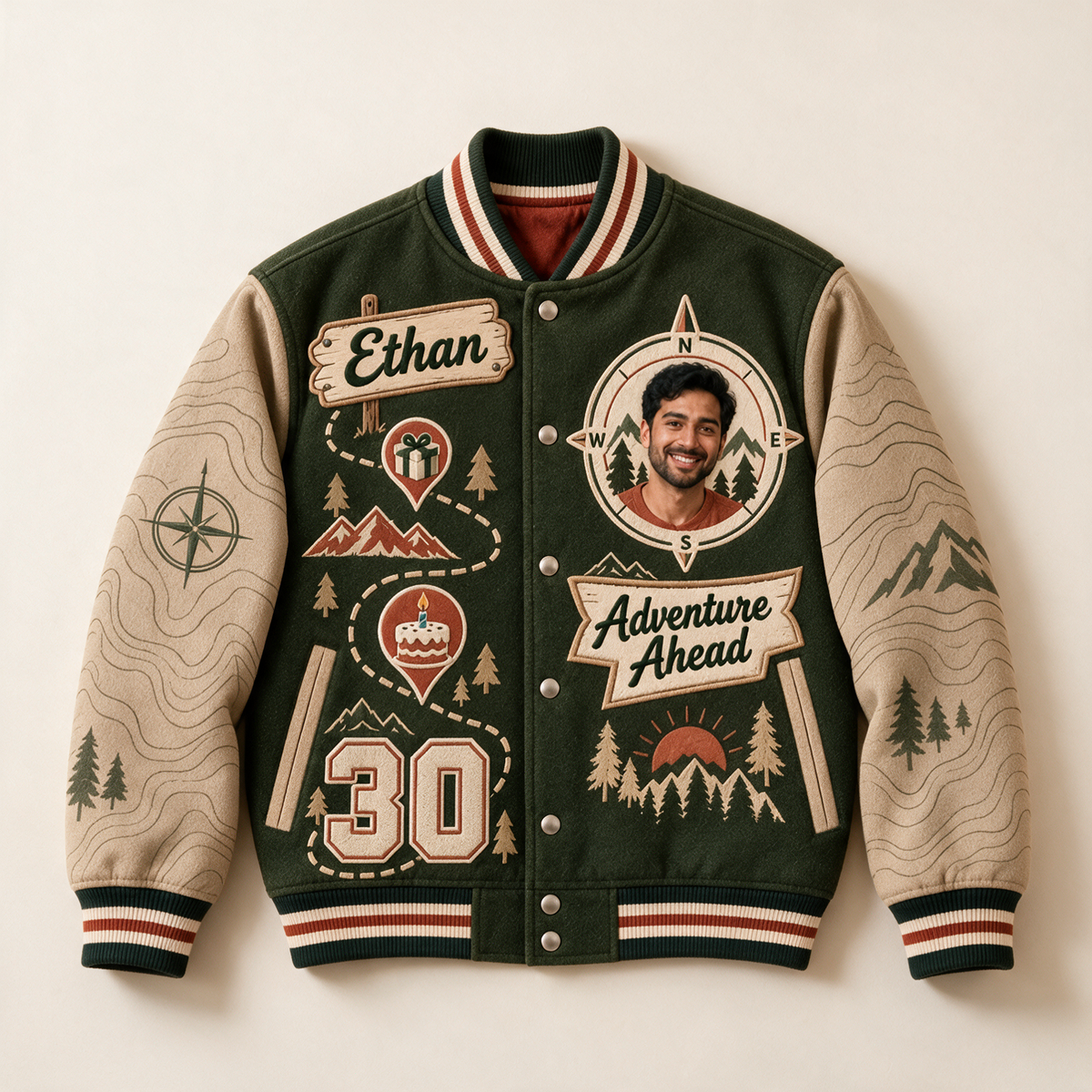 Personalized Birthday Varsity Jacket - Men's Compass Photo & Trail Design