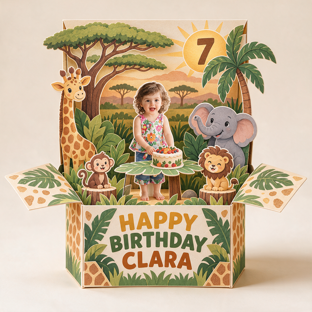 Carte Pop Up d'Anniversaire Safari Personnalisée - Photo, Nom et Âge