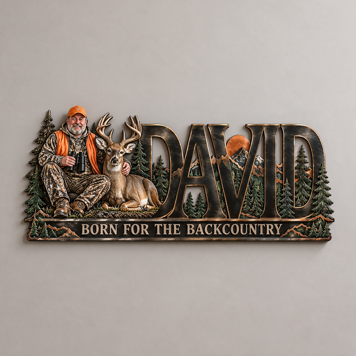 Plaque Métallique Personnalisée de Chasse - Art Mural Photo et Nom avec Design Forêt et Montagne