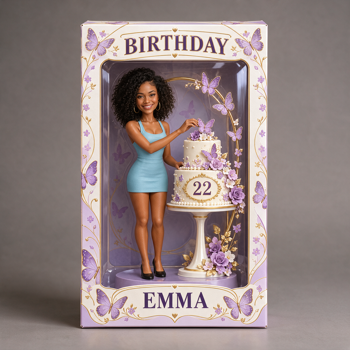 Boîte d'Affichage d'Anniversaire Personnalisée - Figurine Portrait avec Gâteau Papillon, Nom et Âge
