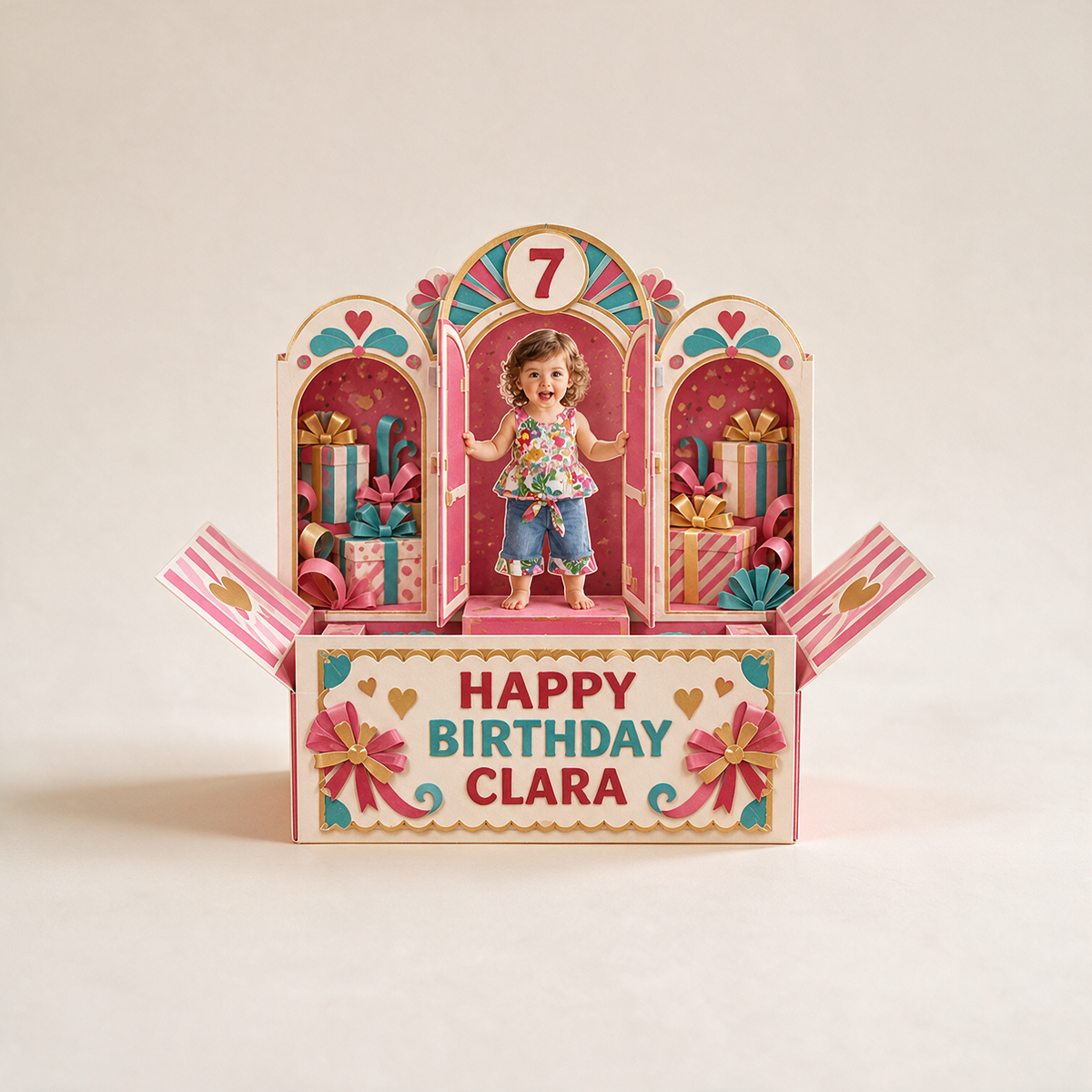 Carte Pop Up d'Anniversaire Personnalisée - Fenêtres Arrondies avec Photo, Nom et Âge Personnalisés