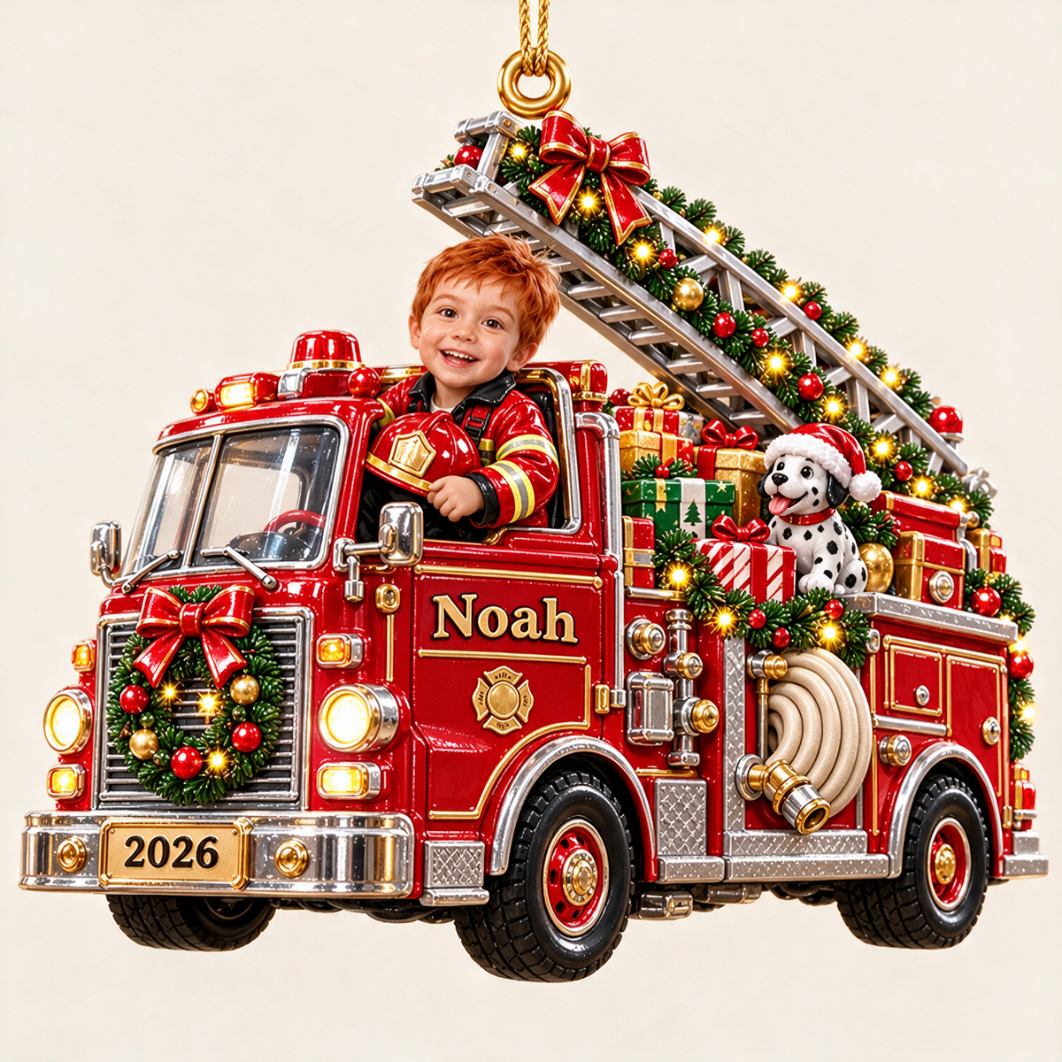 Personalized Custom Photo Fire Truck 3D Ornament - 2026 Christmas Gift for Boys