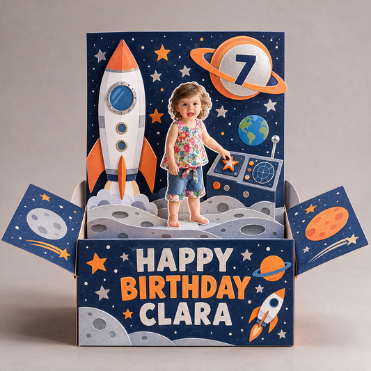 Carte Pop-Up Personnalisée Fusée Spatiale - Cadeau d'Anniversaire avec Photo, Nom et Âge Personnalisés