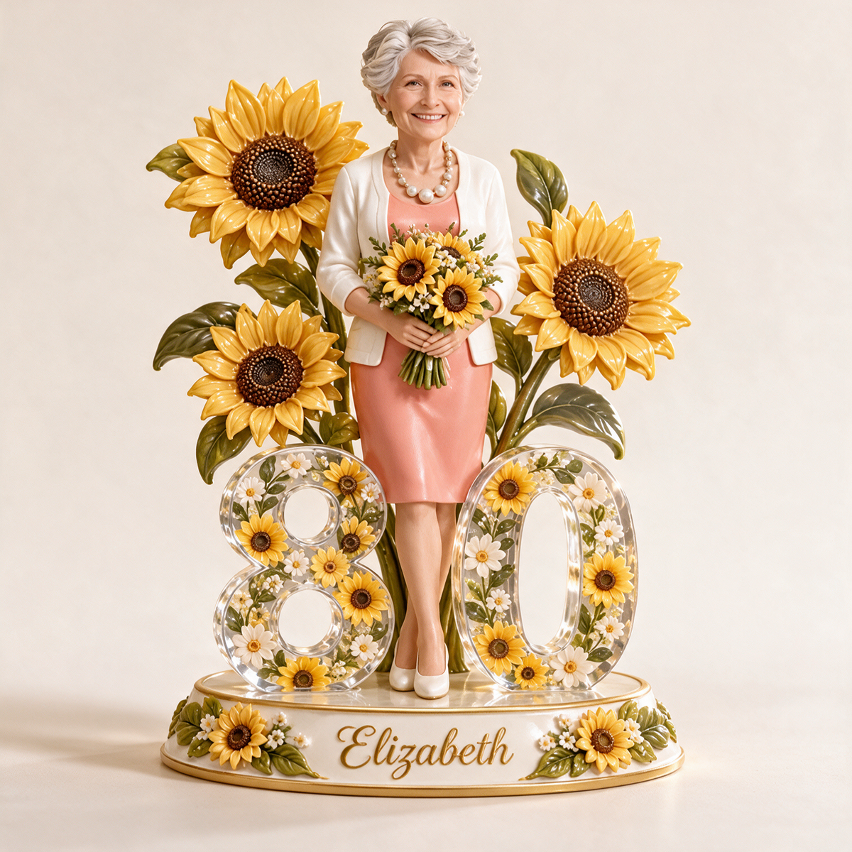 Personalisierte Geburtstagsfigur - Individuelles Porträt, Sonnenblumen-Geschenk