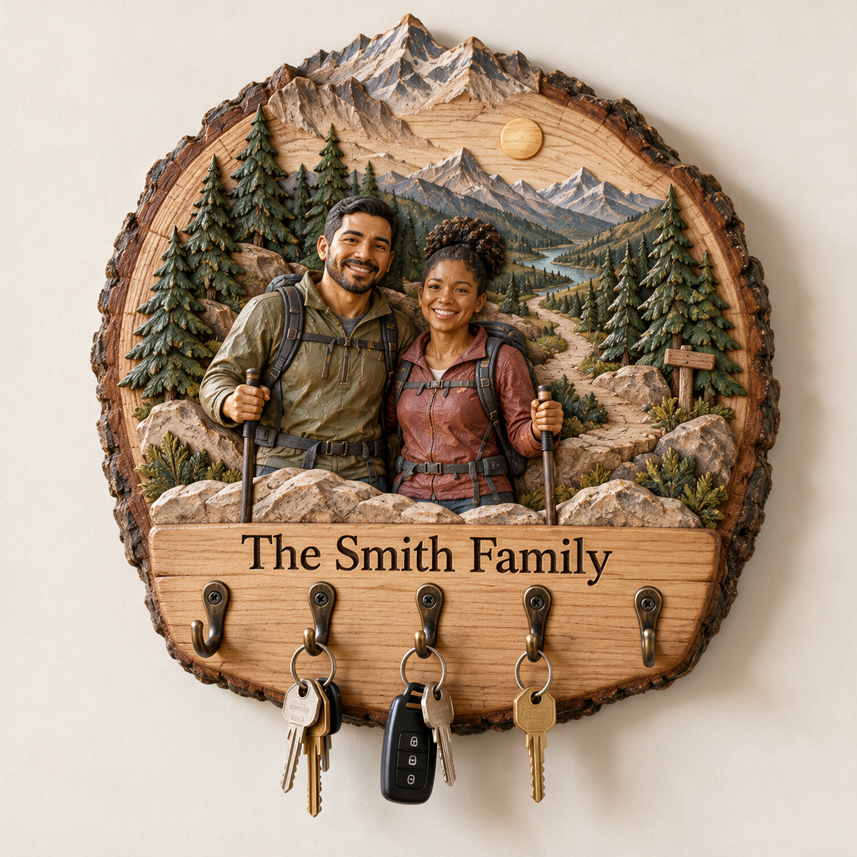 Personalized Hiking Key Rack - Mountain Couple with 5 Hooks