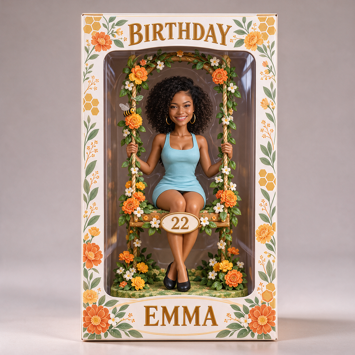 Boîte d'Affichage Florale Personnalisée - Figurine de Portrait d'Anniversaire avec Nom et Âge