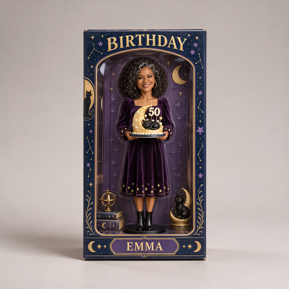 Personalized Witch Acrylic Display Box - Celestial Black Cat Birthday Figurine Gift