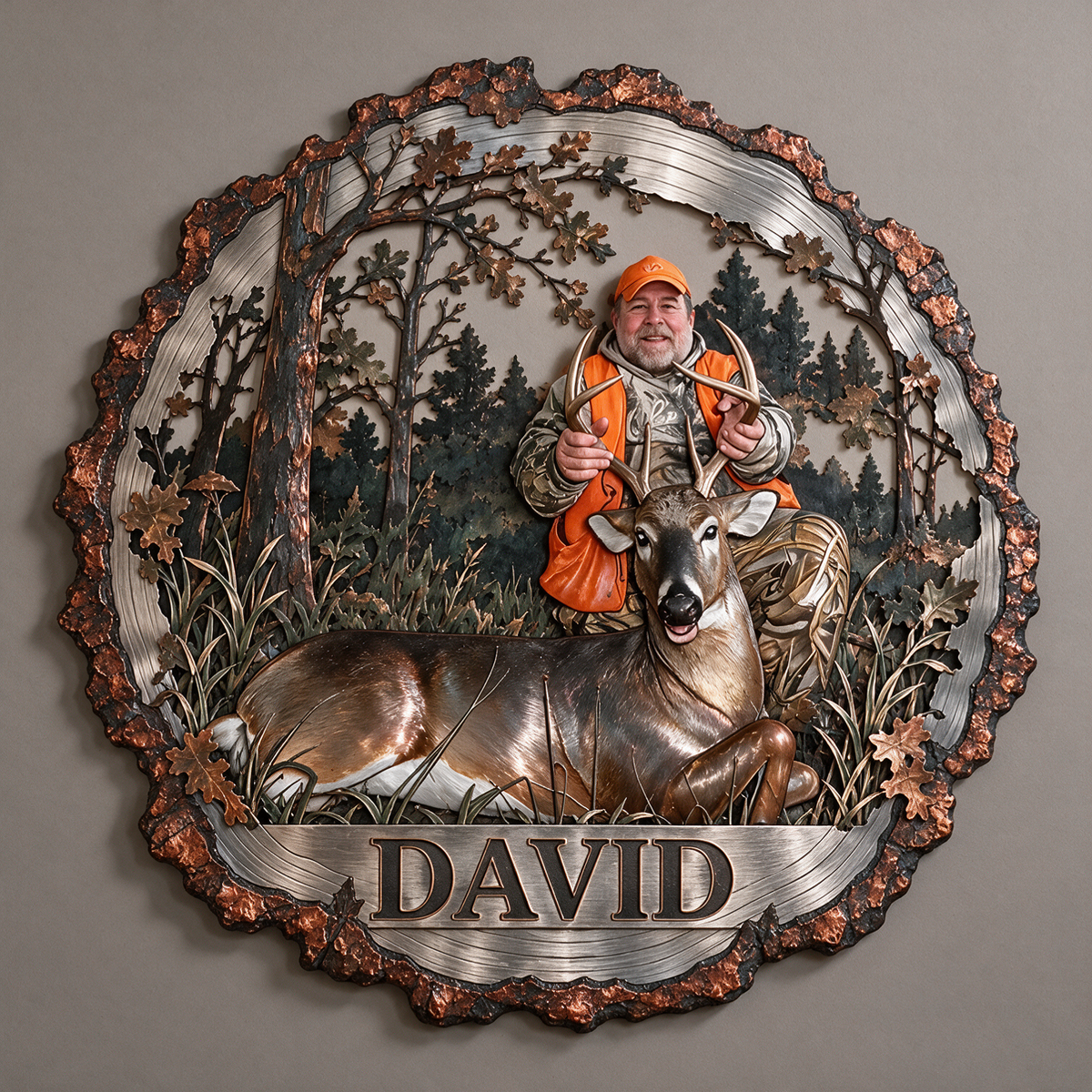 Personalized Custom Photo Deer Hunting 3D Metal Wall Art - Rustic Tree Border Gift for Older Men