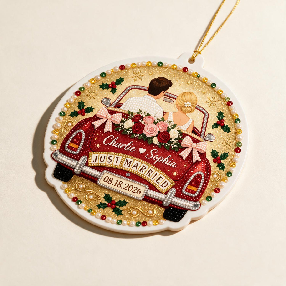 Personalisierte Weihnachts Just Married Hochzeitsauto Paar Acryl Ornament Geschenk für Neuvermählte