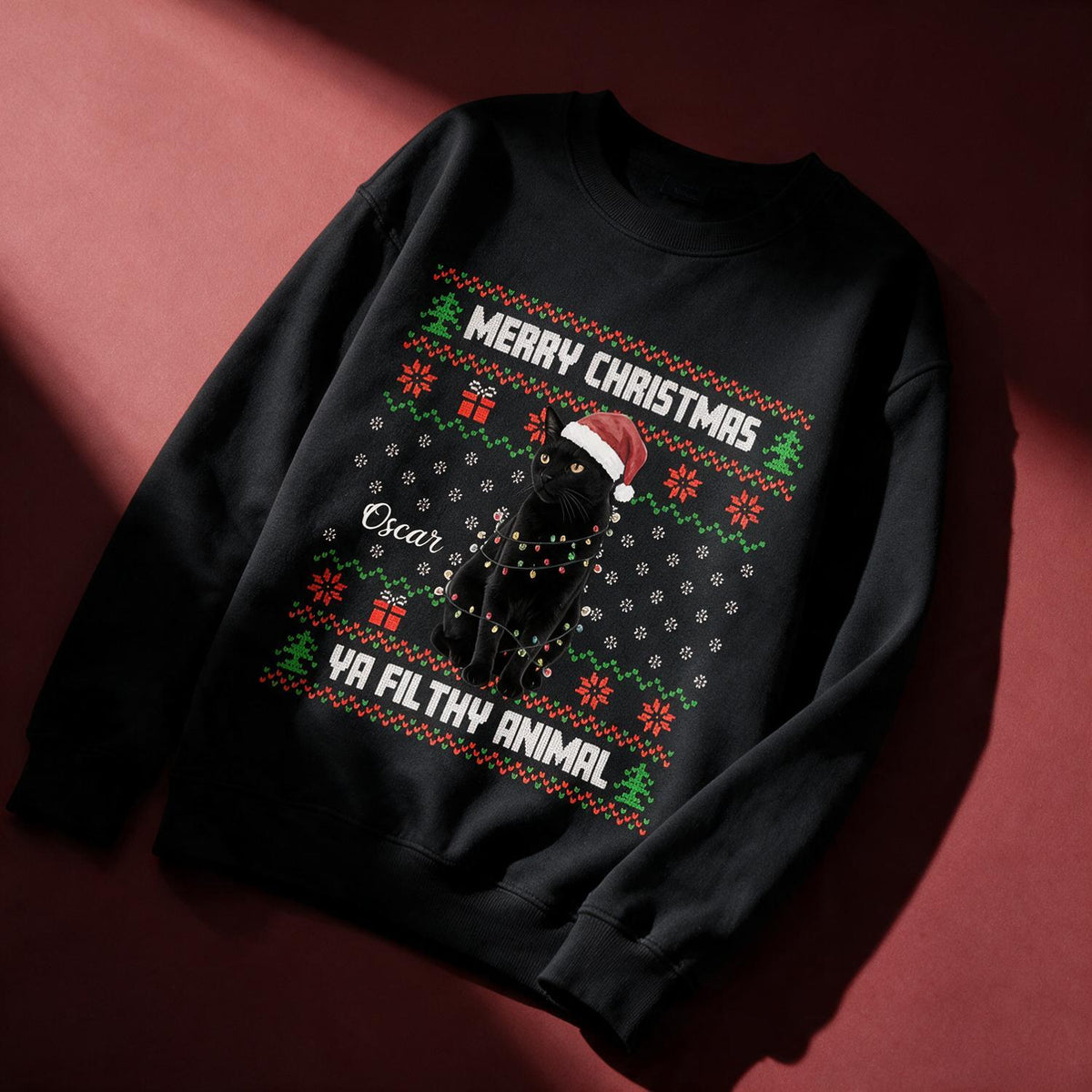 Personalized Christmas Black Cat Ugly Sweatshirt, Cat Lover Holiday Gift