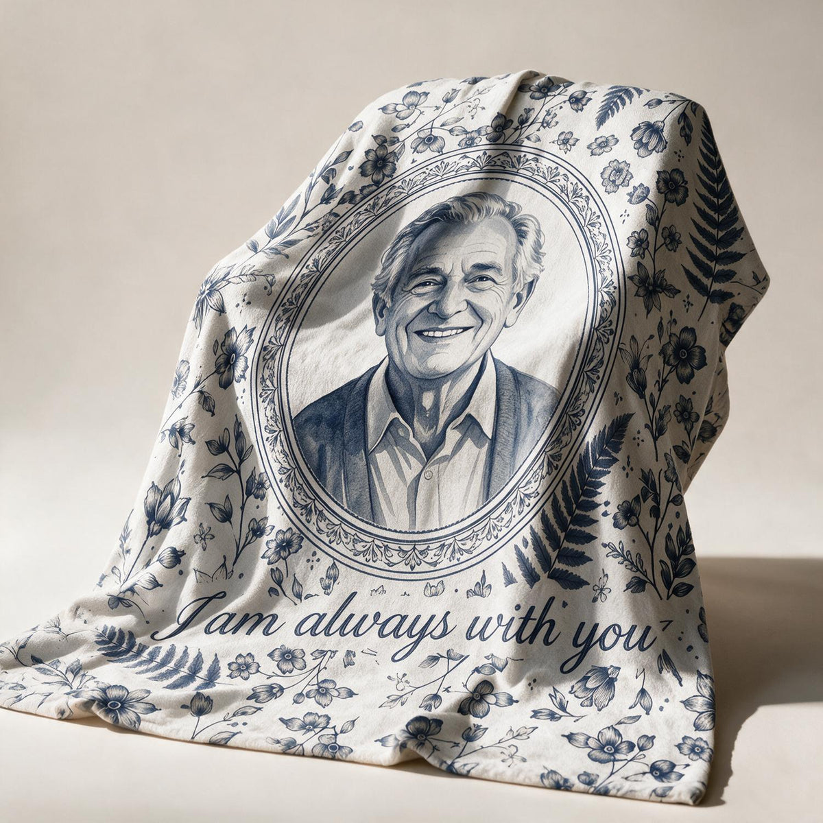 Custom Photo Memorial Toile Blue Watercolor Portrait Blanket - Sympathy Keepsake Gift