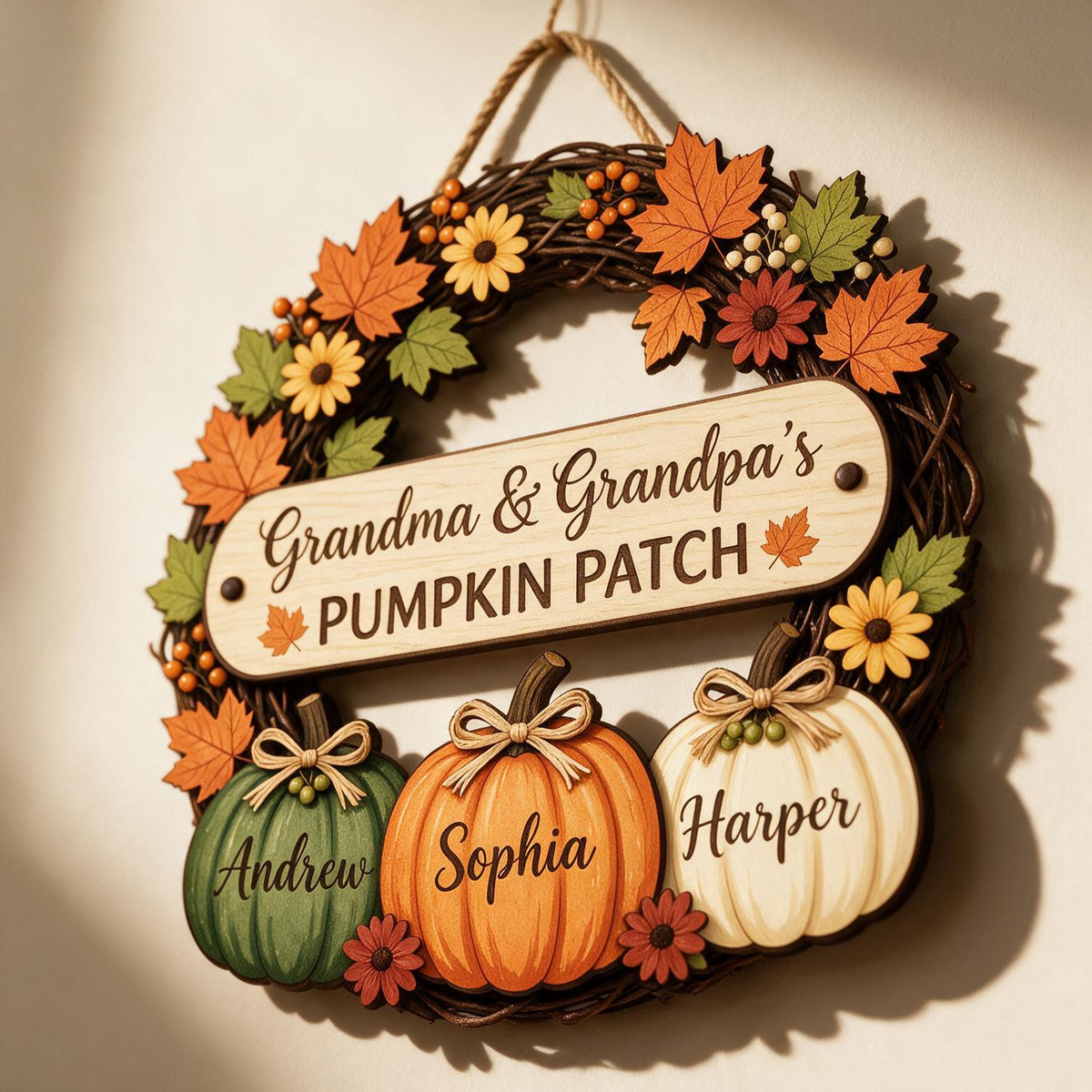 Personalized Fall Grandma & Grandpa's Pumpkin Patch Door Wreath, Custom Grandkids Names Decor