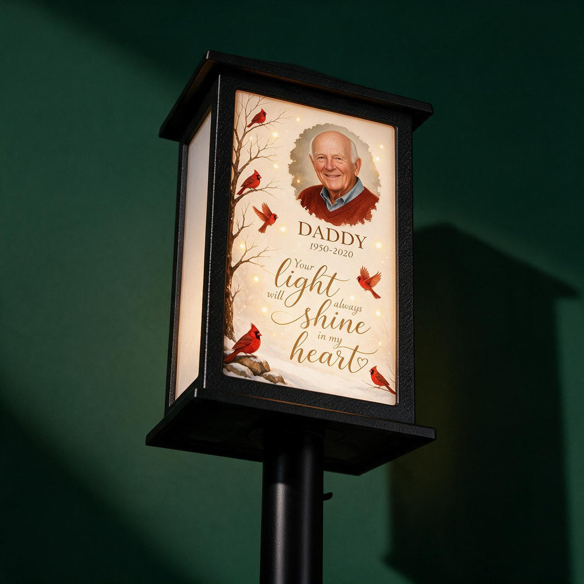 Your Light Will Always Shine in My Heart Cardinal Memorial - Personalized Solar Garden Light - Heartfelt Sympathy Gift for Loved Ones