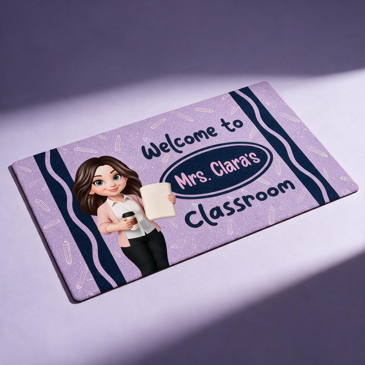 Personalized Back To School Teacher Purple Crayon Welcome Classroom Doormat, Custom Class Decor Gift