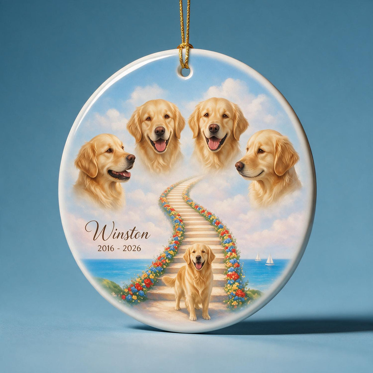 Tiergedenken Treppe zum Himmel - Personalisierte Keramikornament - Individuelles Tierfoto, Tierverlustgeschenk, Mitgefühlsgeschenk