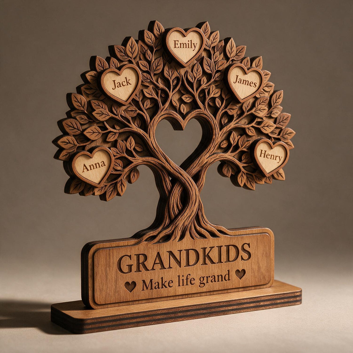 Plaque en Bois en Forme de Cœur Arbre de Famille Personnalisée - Cadeau Souvenir pour Grands-Parents