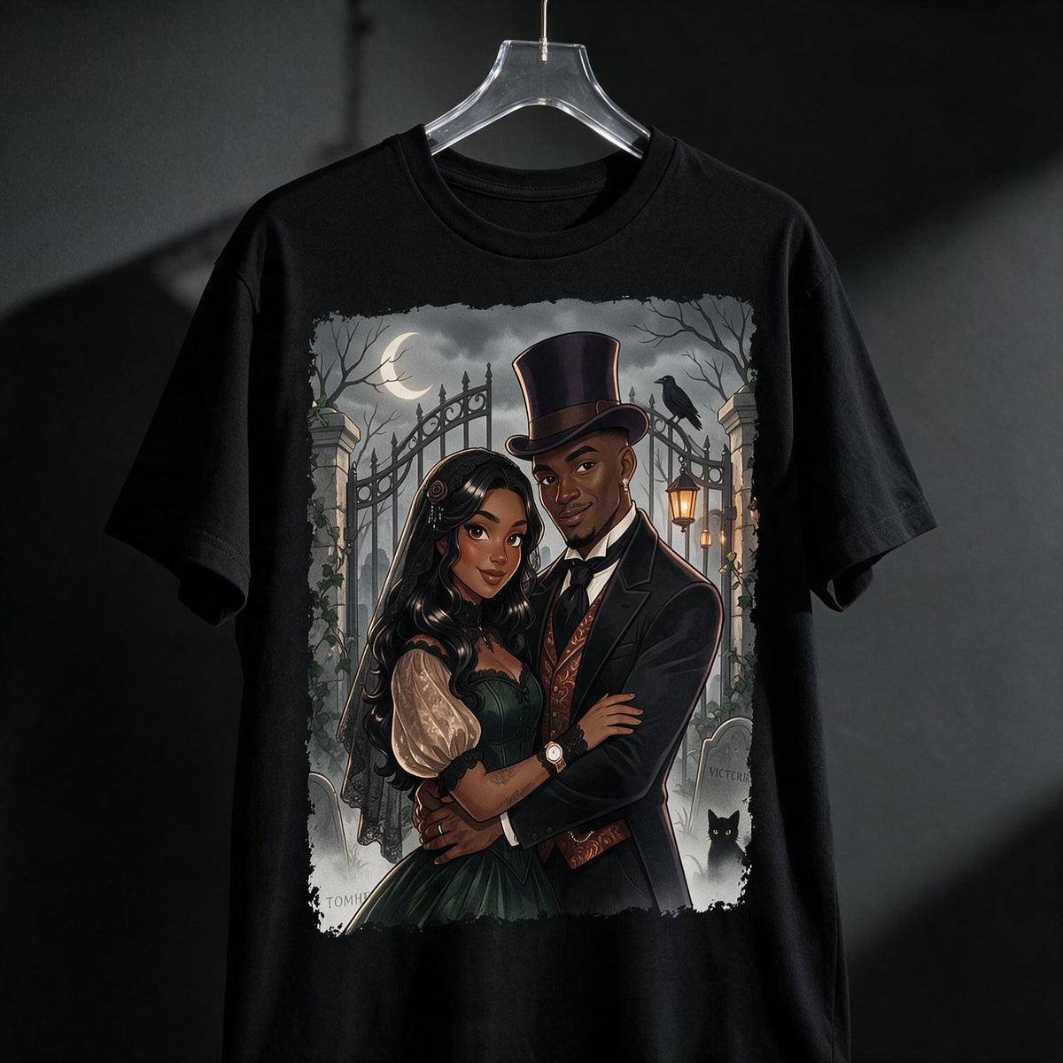 T-shirt Portrait Couple Gothique Personnalisé pour Halloween, Cadeau d'Anniversaire